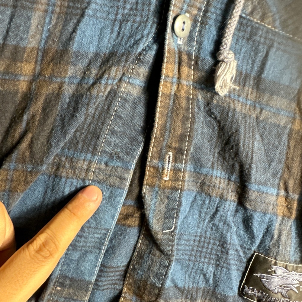 Vintage Maui and Sons Hooded Flannel Shirt Kids Small Blue 90s Plaid Mixed Media - Picture 8 of 12
